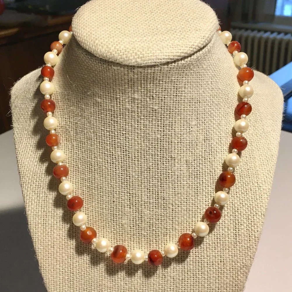 Classic Vintage Red Bead + Faux Pearl Necklace